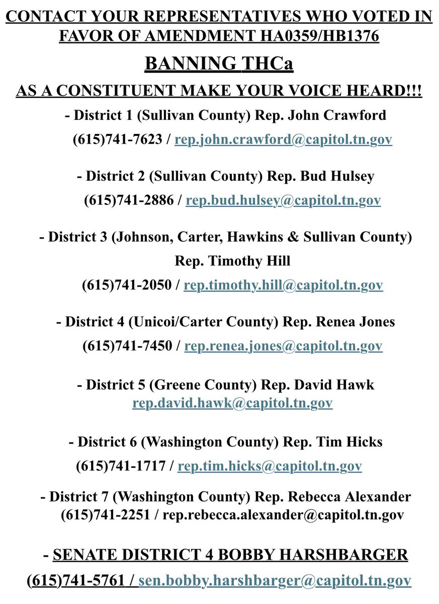 CONTACT YOUR SENATORS &amp; REPRESENTATIVES TODAY TO SAVE THCA!!!