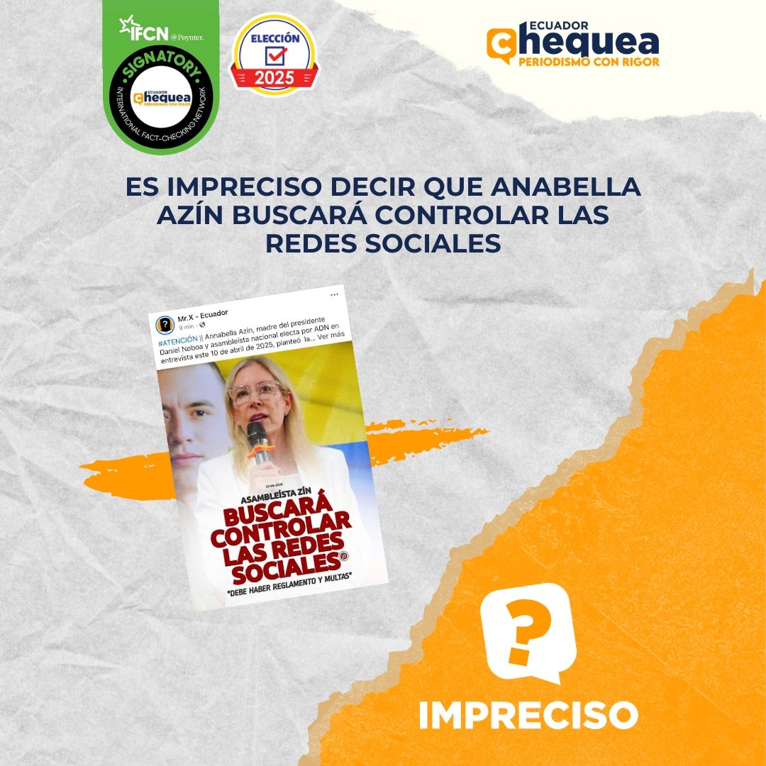 ECUADORCHEQUEA's tweet photo. Anabella Azín planteó regulación de los contenidos en redes durante elecciones. En una entrevista con Visionarias, Azín opinó que es necesario un marco normativo más estricto para controlar el contenido difundido en plataformas digitales, durante las campañas. Sugirió multas basadas en el tipo de contenido compartido.

#Elecciones2025Ec
➡️ https://t.co/LEFFrVKmtj