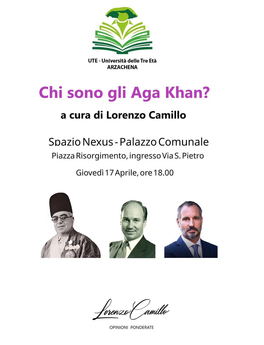 UTEArzachena25's tweet photo. Conferenza #UTE #Arzachena, il Comune della #CostaSmeralda in #Sardegna, 17 Aprile si parla degli #AgaKhan.

#UniversitàTerzaEtà
#GenerazioneArgento https://t.co/n9x0qlsdZq