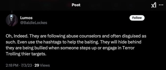 #Women have been targeted by #Cyber_Criminals who use "#motivational", "#art", "#psychology" timelines.

"They are following abuse counselors... Even use the hashtags to help the baiting... engage in Terror Trolling their targets"
#MelodyBlues #Moxi3 #CrazyPorras #0utlaw #Aisling