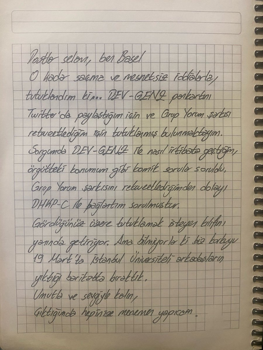 Bekir (gençler onu Basel ismiyle tanıyor) kardeşimizi bilim kurgu filmlerini aratmayacak bir senaryoyla tutukladılar. Sosyal medyada dolaşan Dev-GenZ pankartını ve bir Grup Yorum şarkısını paylaştığını görmüşler, bundan hareketle bir “terör örgütü” çıkarımında bulunmuşlar.