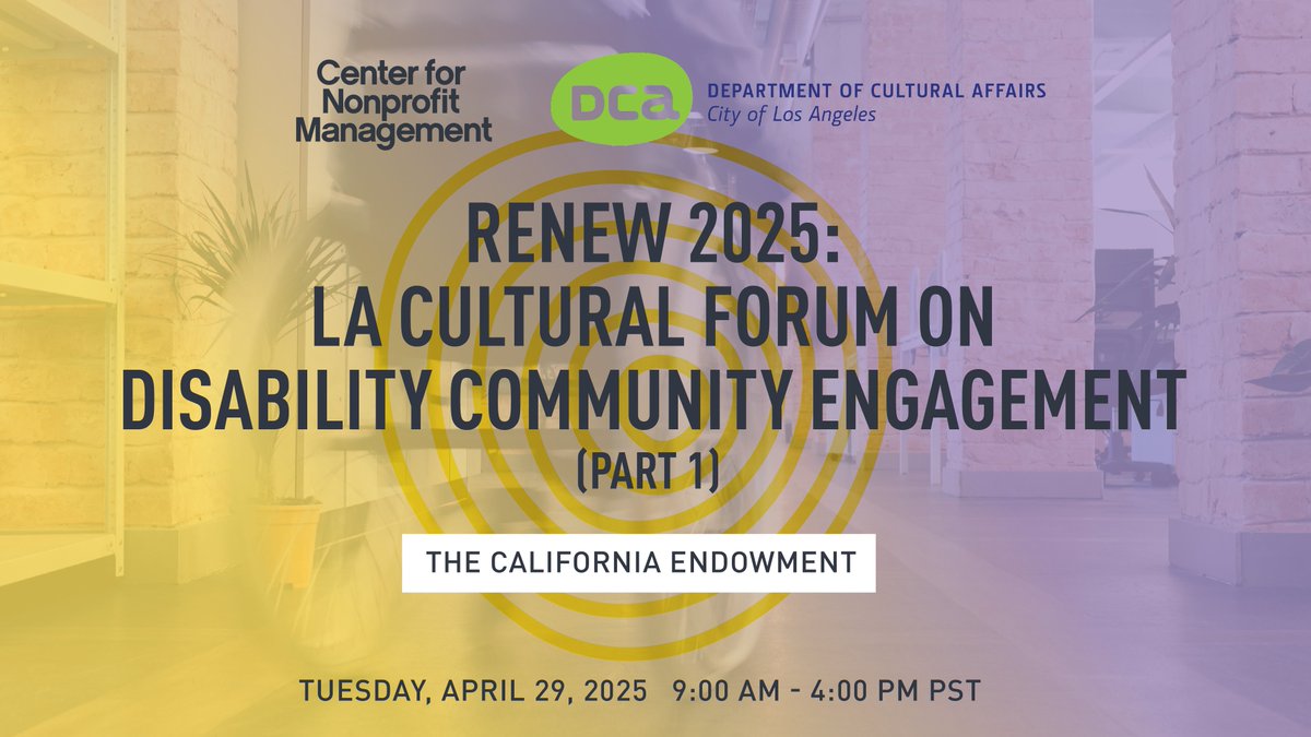 Center for Nonprofit Management (@cnmsocal) on Twitter photo Join <a href="/Culture_LA/">LA Dept of Cultural Affairs</a> and CNM to explore how we can collectively shape accessibility, inclusion, engagement, & celebration in LA. We'll engage in conversations around mobility & transportation, sports & wellness, & artists & celebrations.
📅4/29
📍<a href="/CalEndow/">California Endowment</a>
cnmsocal.org/special-event/… Join <a href="/Culture_LA/">LA Dept of Cultural Affairs</a> and CNM to explore how we can collectively shape accessibility, inclusion, engagement, & celebration in LA. We'll engage in conversations around mobility & transportation, sports & wellness, & artists & celebrations.
📅4/29
📍<a href="/CalEndow/">California Endowment</a>
cnmsocal.org/special-event/…