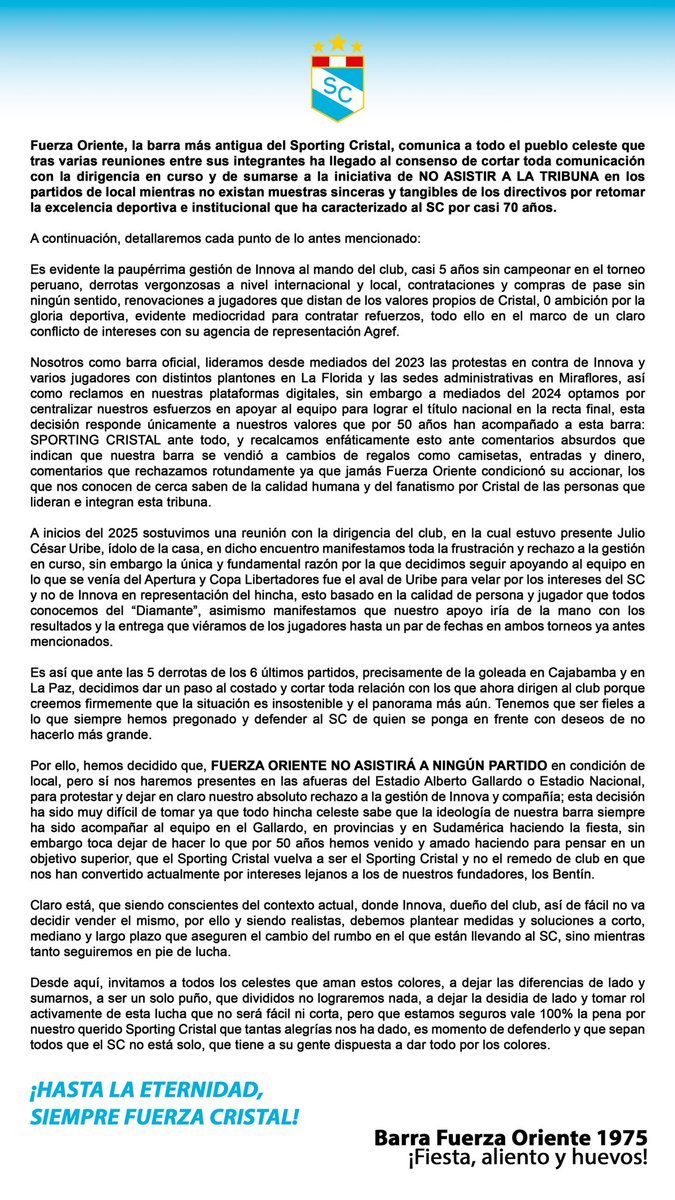 fverzaoriente's tweet photo. COMUNICADO
FUERZA ORIENTE, la barra más antigua del SC, toma la decisión unánime de NO ASISTIR más a la tribuna en los partidos de local y alentar/protestar desde afuera en contra de INNOVA.

Más detalle en la imagen.

¡COMPRARON A CRISTAL,
PERO NO LA PASIÓN DE MILLONES POR ÉL! https://t.co/Pm6rt5fvSe