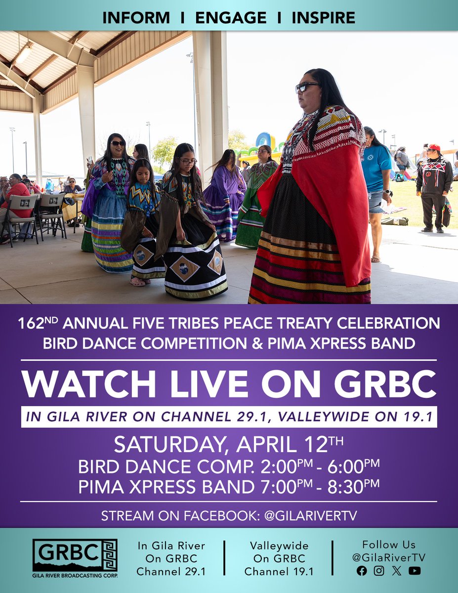 GilaRiverTV's tweet photo. Join us for an incredible day of culture and music!
Five Tribes Peace Treaty Bird Dance Competition - 2:00PM – 6:00PM
Pima Xpress Band - 7:00PM – 8:30PM
We can't wait to share this amazing experience with you, see you there! 📷
#GRBC #BirdDance #PimaXpress #fivetribes https://t.co/wSZwzv8XD0