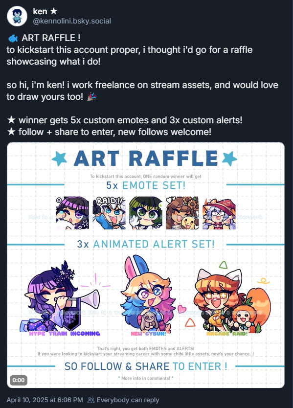 kennolini's tweet photo. 🦋 holding an art raffle over on bsky!
make sure to check it out if you're interested!

winner gets 5x custom emotes and 3x custom alerts! 😉 https://t.co/nSFKycTkyL