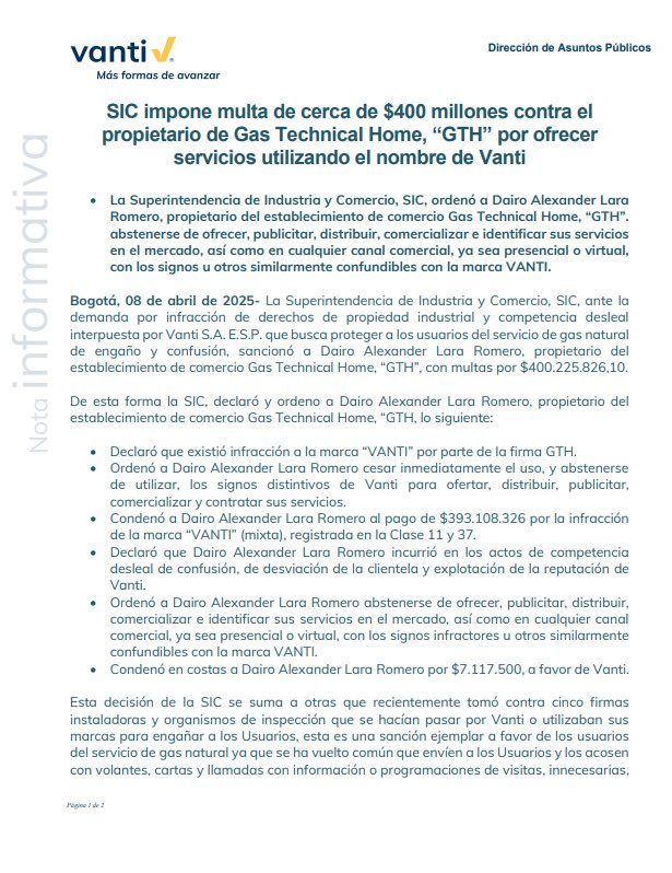 grupovanti's tweet photo. #VantiNoticias 📢 @sicsuper  impone multa de cerca de $400 millones contra el propietario de Gas Technical Home, “GTH” por ofrecer servicios utilizando el nombre de Vanti. 

Conoce el comunicado completo 👇🏼 https://t.co/yVfis6nj6C