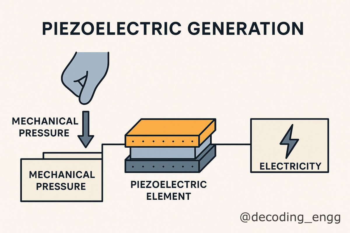 decoding_engg's tweet image. Piezoelectric generation is a method of converting mechanical energy (like pressure, vibrations) into electrical energy using special materials called piezoelectric materials.
Common Piezoelectric Materials:
1. Quartz
2. Lead zirconate titanate (PZT)
3. Rochelle salt