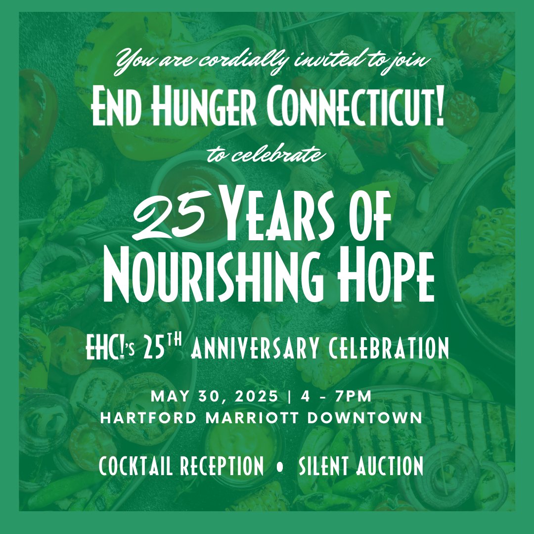 🎉 We're celebrating 25 YEARS of impact!
Join us May 30th at the Hartford Marriott for <a href="/EndHungerCT/">End Hunger Connecticut!</a>’s 25th Anniversary 🎈
Cocktail reception • Silent auction • Tickets $75
🎟️ Info: bit.ly/ehc25years
#EndHungerCT #EHC25 #CTEvents