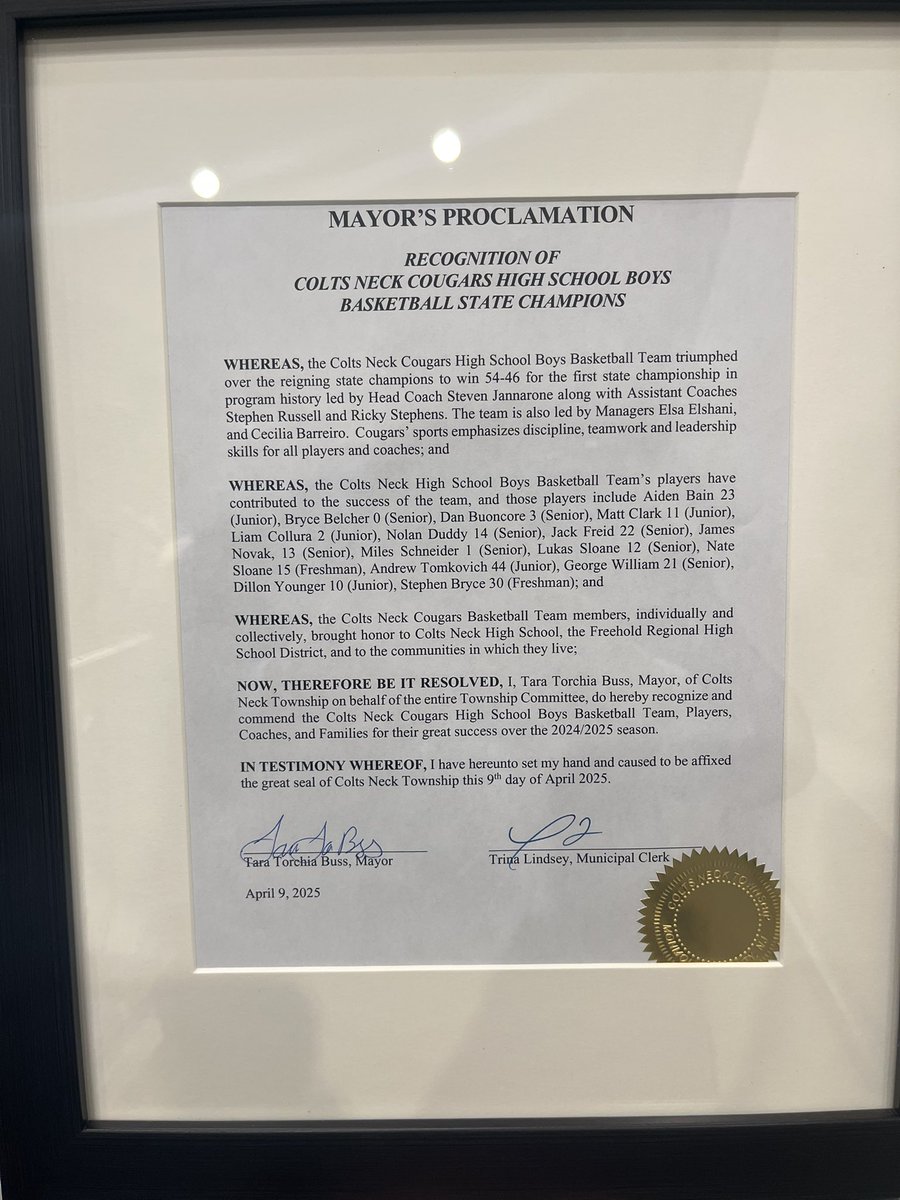 What a pleasure it was to see our Boys Basketball team honored Wednesday night by the Colts Neck Township Committee led by Mayor Tara Torchia Buss. Thank you so much for this special night! #CougarPride #CNHSSports