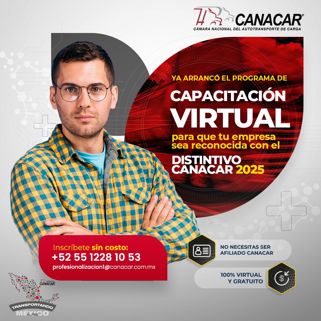 canacarmexico's tweet photo. La Cámara Nacional del Autotransporte de Carga invita a todas las empresas que brindan servicio público federal de carga, sin importar el tamaño de su flota, a participar en el programa de capacitación virtual y gratuito del Distintivo "Transportando al País, Transportando a México" en su décima edición.

Fortalece la profesionalización de tu empresa y mejora tus procesos. ¡Inscríbete ahora!