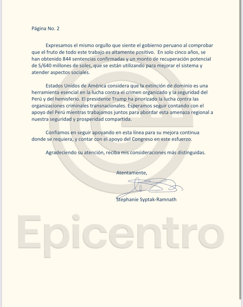 Epicentro_TV's tweet photo. 🚨#Exclusivo: esta es la carta que el pasado 26 de marzo envió la embajadora de Estados Unidos en Perú Stephanie Syptak-Ramnaht al presidente del Congreso Eduardo Salhuana en la que alerta sobre la gravedad del proyecto contra la extinción de dominio que el Congreso tenía en trámite y que anoche aprobó en el pleno. En la comunicación, la embajadora dice que “Estados Unidos de América considera que la extinción de dominio es una herramienta esencial en la lucha contra el crimen organizado y la seguridad del Perú y del hemisferio. El presidente Trump ha priorizado la lucha contra las organizaciones criminales transnacionales”. Un hecho relevante es que ayer en el pleno la conducción del debate estuvo a cargo de Waldemar Cerrón y no de Salhuana.