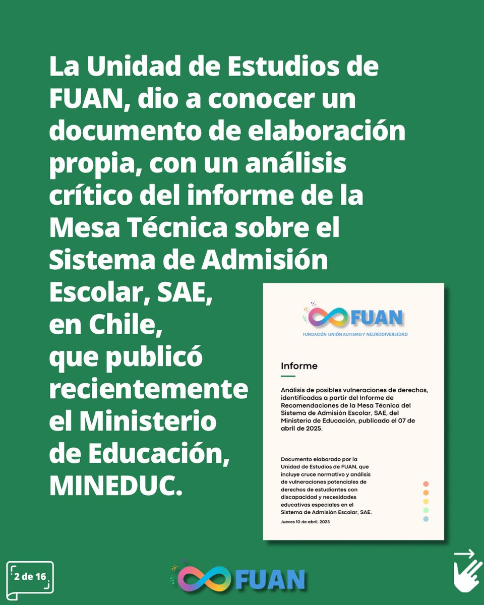 FuanFundacion's tweet photo. Compartimos análisis de FUAN que alerta sobre vulneraciones potenciales de derechos de estudiantes con discapacidad y/o con necesidades educativas especiales, en relación al Informe de Recomendaciones de la Mesa Técnica del Sist de Admisión Escolar, SAE: https://t.co/CNJNbJlcEs https://t.co/3aS4Pwk2BH