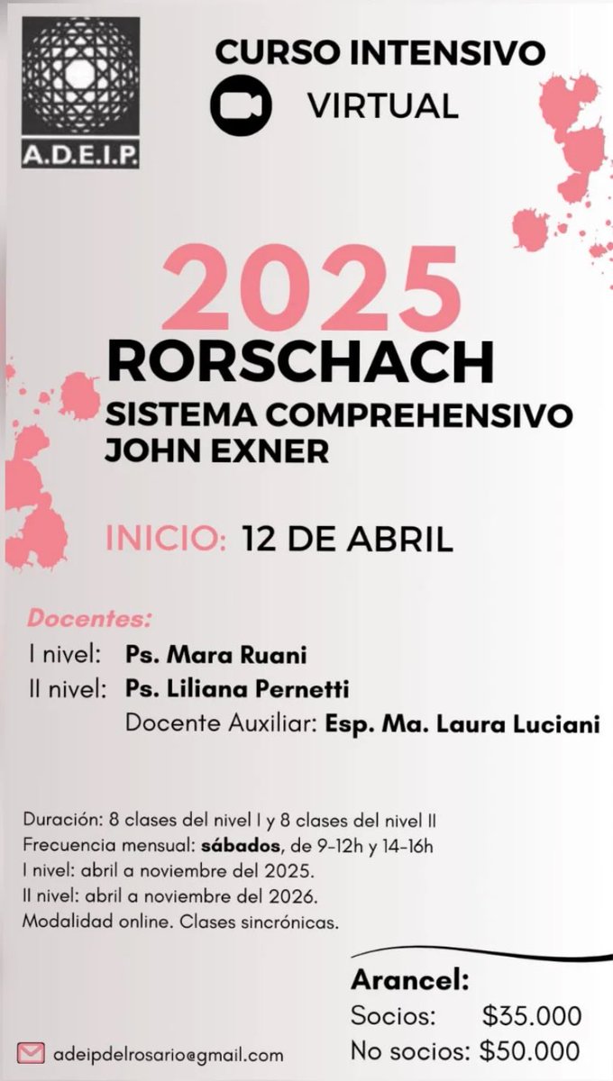 CongresoAdeip's tweet photo. Capacitación en RORSCHACH 

#ADEIP
#Psicodiagnóstico 
#Rorschach https://t.co/VGysdq2YuZ