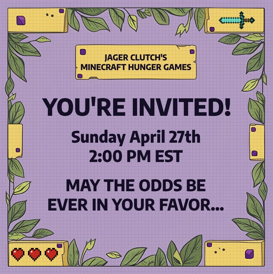 bourtyy's tweet photo. You’re seriously not gonna wanna miss this!
I’ll be playing in Jager’s MC Hunger Games!!
Tune in and support on the 27th!!
#minecraft #hungergames #minecrafthungergames https://t.co/dqB93nFyC8