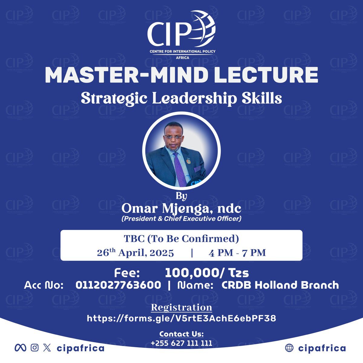 Karibuni kwenye Public Lecture on Strategic Leadership Skills. Fomu ya usajili tizama link. Malipo ni laki moja. Ni tarehe 26 April. Ukumbi mtaarifiwa baadae!