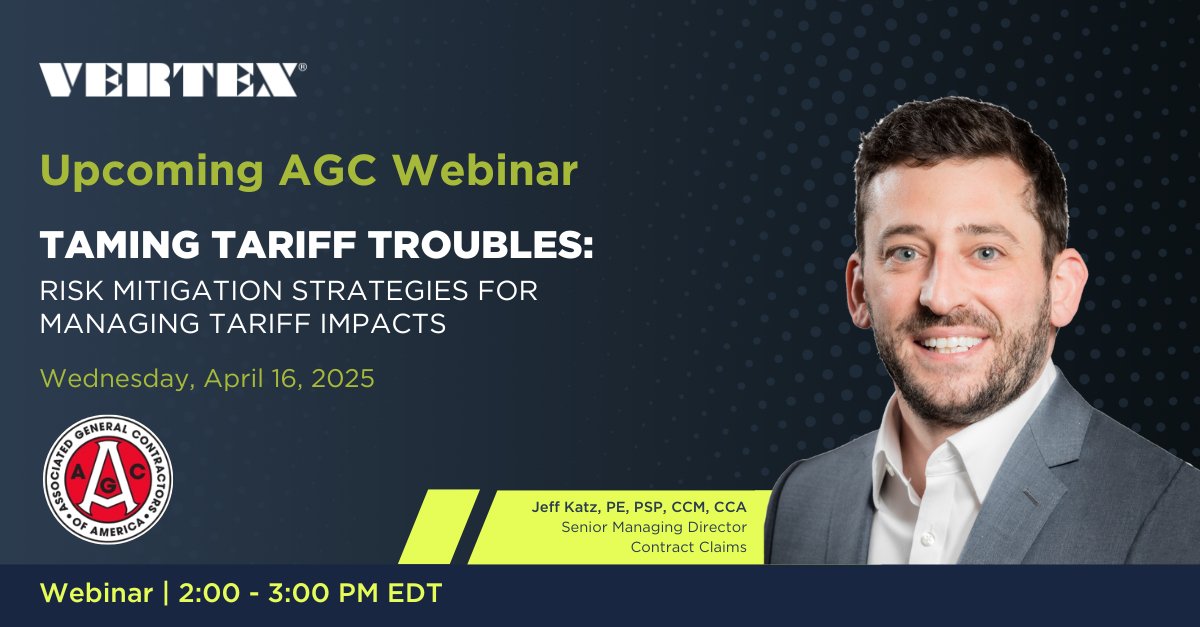 VERTEX411's tweet image. On April 16, join VERTEX’s Jeff Katz for AGC's webinar, 'Taming Tariff Troubles.' He’ll share strategies to manage disruptions caused by tariff volatility, focusing on cost and schedule impacts.

Register: bit.ly/42bdYWj

#Webinar #RiskMitigation #VERTEXEng