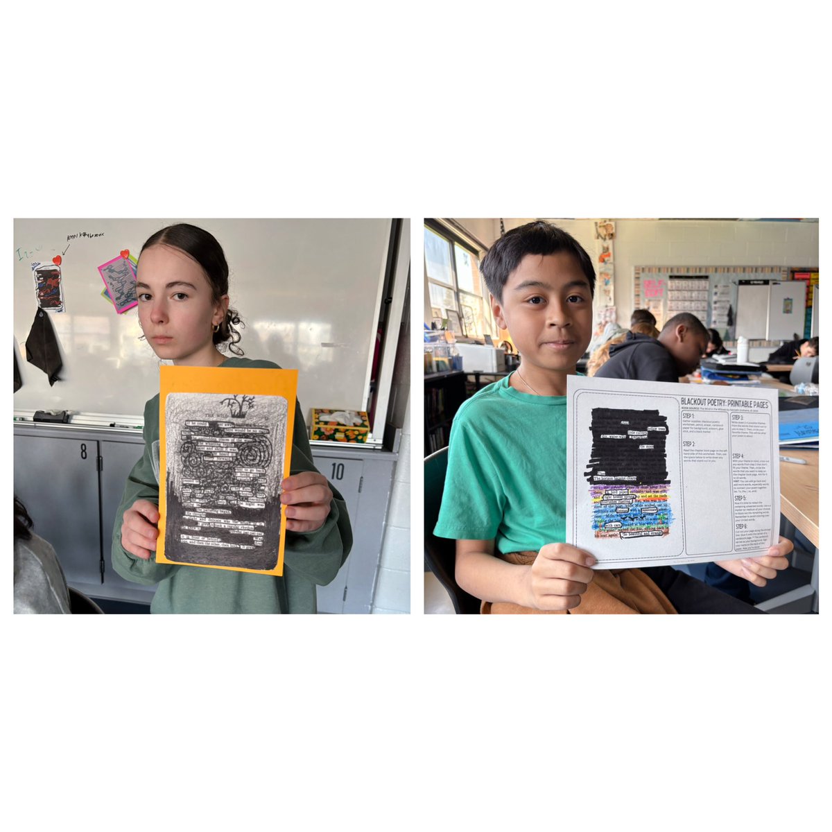 When the queen of 5Essentials, <a href="/MrsHamilton342/">Mrs. Hamilton - FJH</a> wins the day off… I get to step in for the fun &amp; teach her 3rd block!😆 In her class, we brought poetry to life with some creative blackout poetry magic. Her students blew me away with their artistic eye and deep thinking from bold