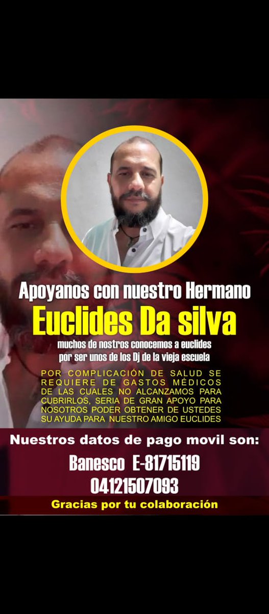 Euclides es un buen amigo, lamentablemente para nadie es un secreto que la situación del país, está muy difícil para todos. Si puedes darle RT, quizás podamos encontrar una manera de ayudar. Gracias de antemano 🙏🏻