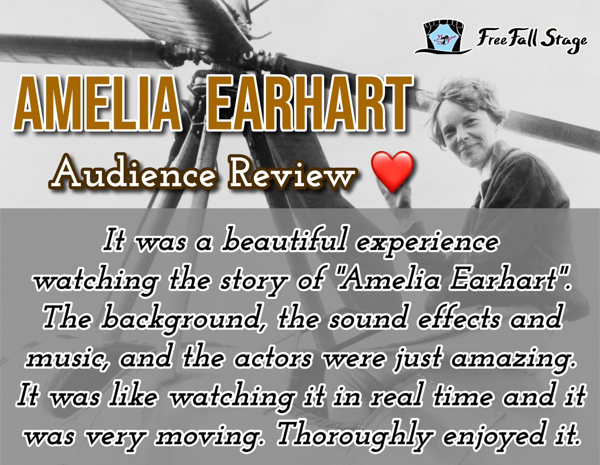 FreeFallStage's tweet image. We love audience reviews like these 🫶🏼

4 chances left to see the fascinating life story of #AmeliaEarhart, a beloved American Heroine 🇺🇸 👩🏻‍✈️ ✈️ 

freefallstage.com/shows/amelia-e…
.
.
.
#FreeFallStage #womeninhistory #sacramentotheatre