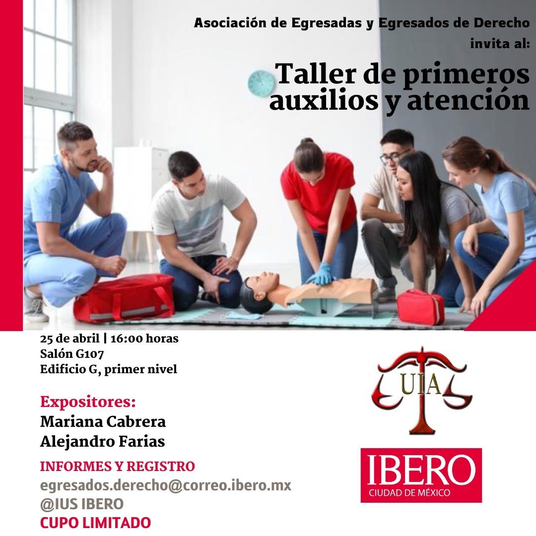 IUS Ibero (@ius_ibero_) on Twitter photo 🚨⛑️Taller de primeros auxilios y atención⛑️🚨
¿Qué hacer en caso de una emergencia?
Este taller servirá para saber cómo actuar.
¡No se lo pierdan!
Cupo limitado
🗓 25 de abril 🕓16hrs.
Informes y registro 👇🏼 egresados.derecho@correo.ibero.mx 🚨⛑️Taller de primeros auxilios y atención⛑️🚨
¿Qué hacer en caso de una emergencia?
Este taller servirá para saber cómo actuar.
¡No se lo pierdan!
Cupo limitado
🗓 25 de abril 🕓16hrs.
Informes y registro 👇🏼 egresados.derecho@correo.ibero.mx