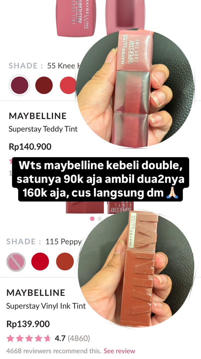 cutpeto's tweet photo. Wts maybellin masih segel, 

Teddy tint shade knee high &amp; Vinyl ink tint shade peppy https://t.co/aCjtk4acRN