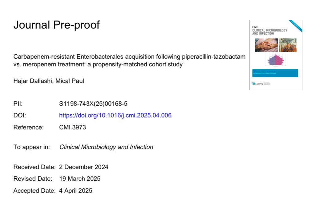In this propensity-matched cohort, PIP/TAZ was associated with fewer CRE incidence post treatment compared to meropenem (4.5% vs 9.3% OR 0.46 95CI 0.38-0.55, p&lt;0.001)

DOI: 10.1016/j.cmi.2025.04.006