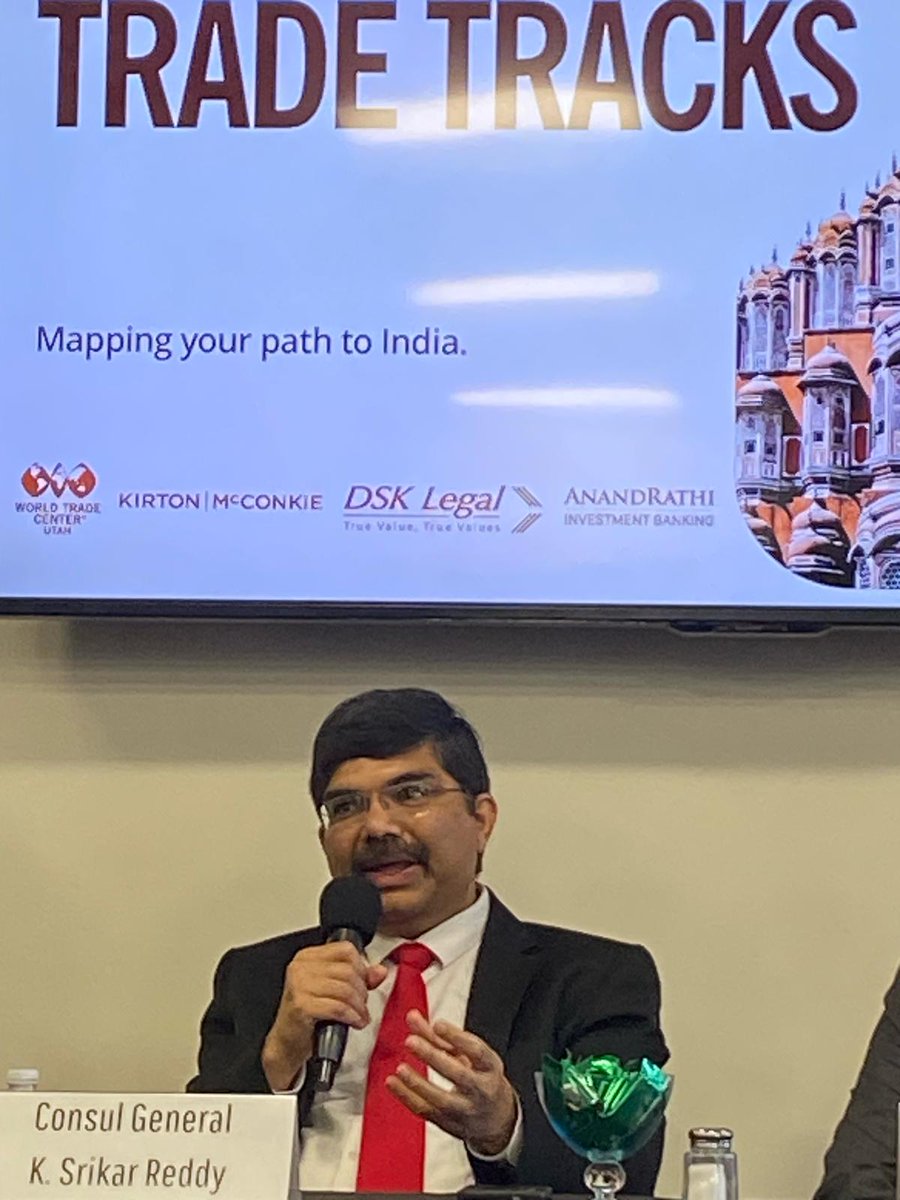 CGISFO's tweet photo. Consul General Dr. K. Srikar Reddy @srikar_koppula  addressed the gathering at Global Gateway: Trade Tracks with India on April 9, 2025, at KeyBank Tower, Salt Lake City.

He spoke about the growing Indian economy, business climate, and investment opportunities. While highlighting the measures taken in recent years by the Indian government to enhance ease of doing business and domestic manufacturing such as PLI Schemes, National Single Window System, Digital Public Infrastructure, Startup India, and AI Mission, he invited Utah entrepreneurs to explore the significant trade, investment, and business opportunities between the US and India.

The event, organized in partnership with the Governor’s Office of Economic Opportunity, Kirton McConkie, and WTC Utah, also featured insightful presentations by Hemang Parekh of DSK Legal and Atul Thakkar of Anand Rathi Financial Services regarding business climate and investment opportunities in India.
@MEAIndia 
@IndianEmbassyUS 
@WTCUtah