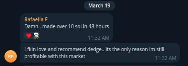 dEdge_Solana's tweet photo. 💬 “Made over 10 SOL in 48 hours.”

When markets get brutal, most people bleed.

But smart traders find edge — and stick to it.

This user credits dEdge as the only reason they’re still profitable.

10+ SOL in 2 days isn’t luck. It’s what happens when you copy the right wallets with data.
🔗 Link in bio