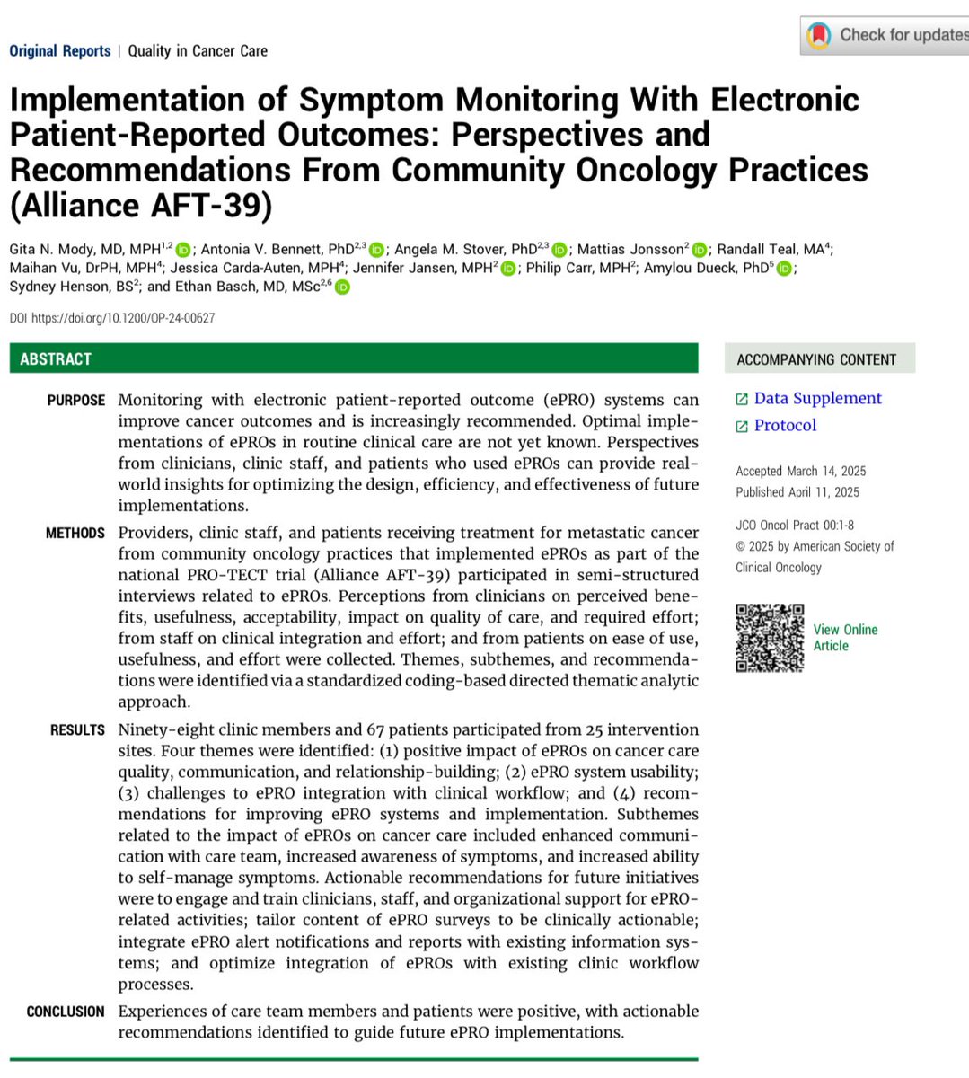 RyanNipp's tweet photo. Implementation of Symptom Monitoring With Electronic Patient-Reported Outcomes: Perspectives and Recommendations From Community Oncology Practices (Alliance AFT-39).

https://t.co/UpfdTfA19J

@ASCO @JCO_ASCO @JCOOP_ASCO
#PallOnc #CancerCare
@ALLIANCE_org @EthanBasch1 @BiostatGirl https://t.co/52IljfH7GL