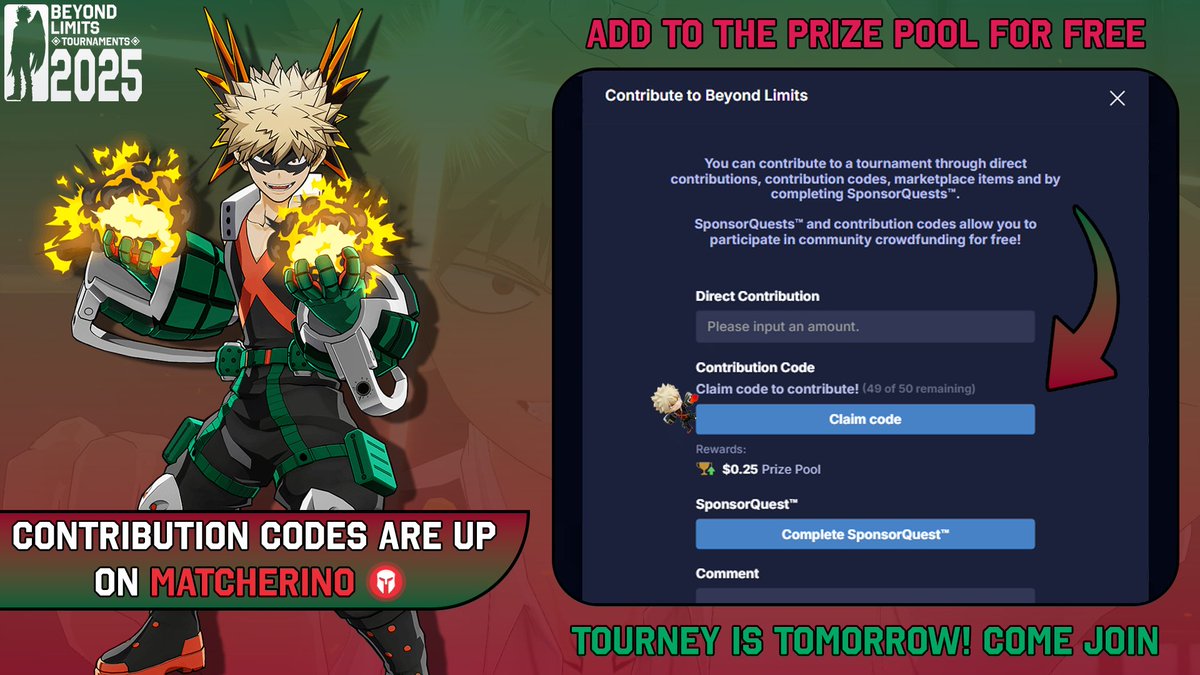 ItsJustMagales's tweet photo. Hi Everyone! 💙

Just wanted to let you all know that we now have Matcherino Contribution Codes for Beyond Limits #14 and Demonic Heartbreakers #14! If you'd like to support and add money for FREE to both events, just claim a code! #MHOJ2 #ASBR 

Matcherino's Below 👇 https://t.co/bmnASFFKfe