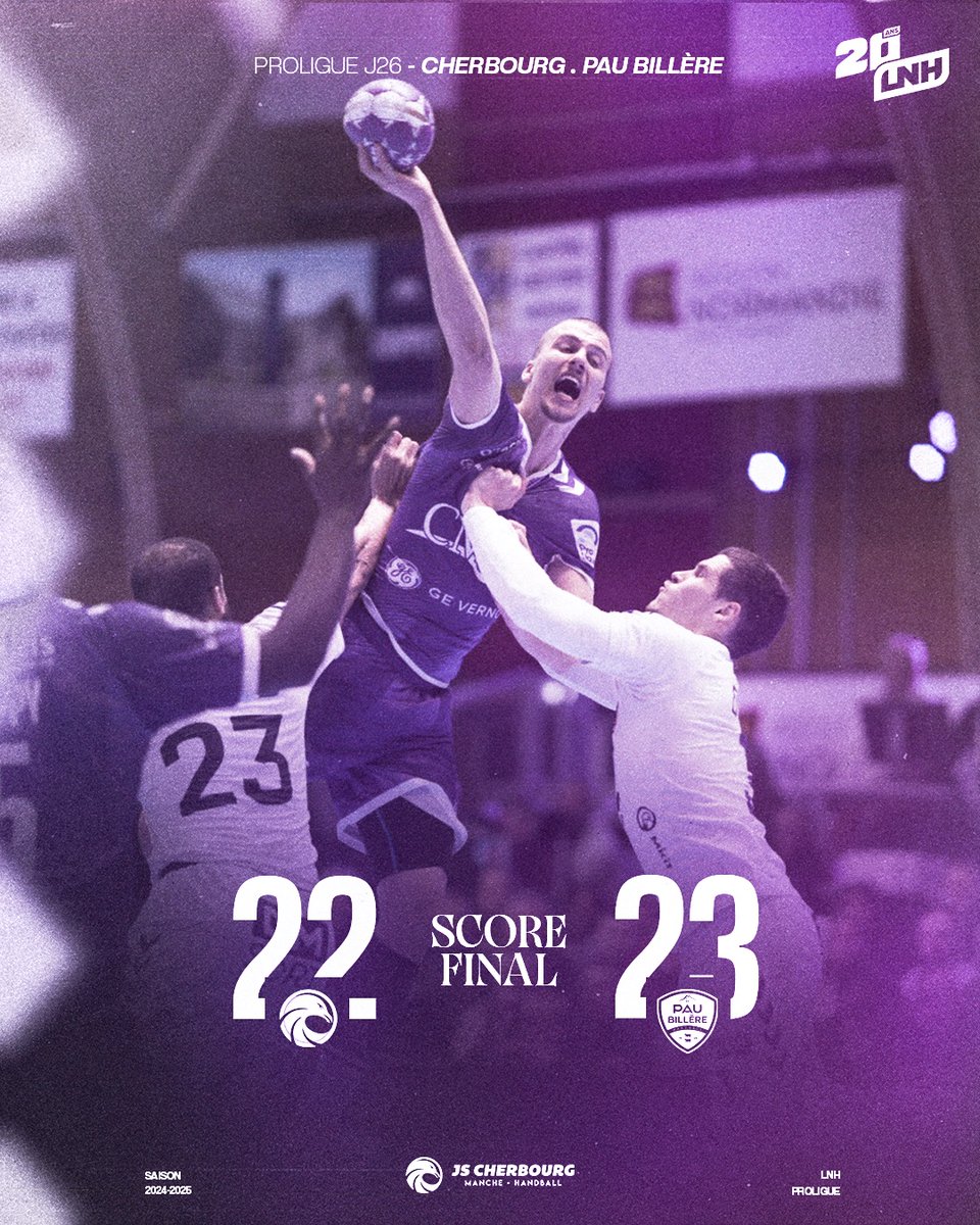 JSCherbourg's tweet photo. 💜 𝐒𝐂𝐎𝐑𝐄 𝐅𝐈𝐍𝐀𝐋 🤾
Que c’est cruel ! Les Mauves sont tombés sur un grand Tabarand et s'inclinent 22-23.

On se retrouve dans 2 semaines pour le dernier match des Mauves. La course aux PlayOffs continue !! 🔥 https://t.co/onivYH3Aiz