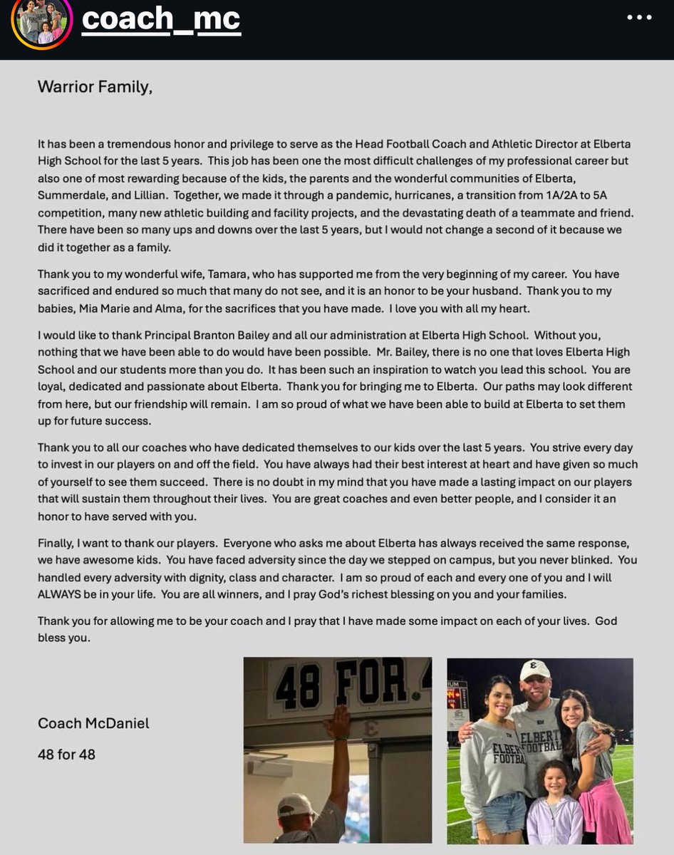 Nathan McDaniel steps down as HFC at Elberta.