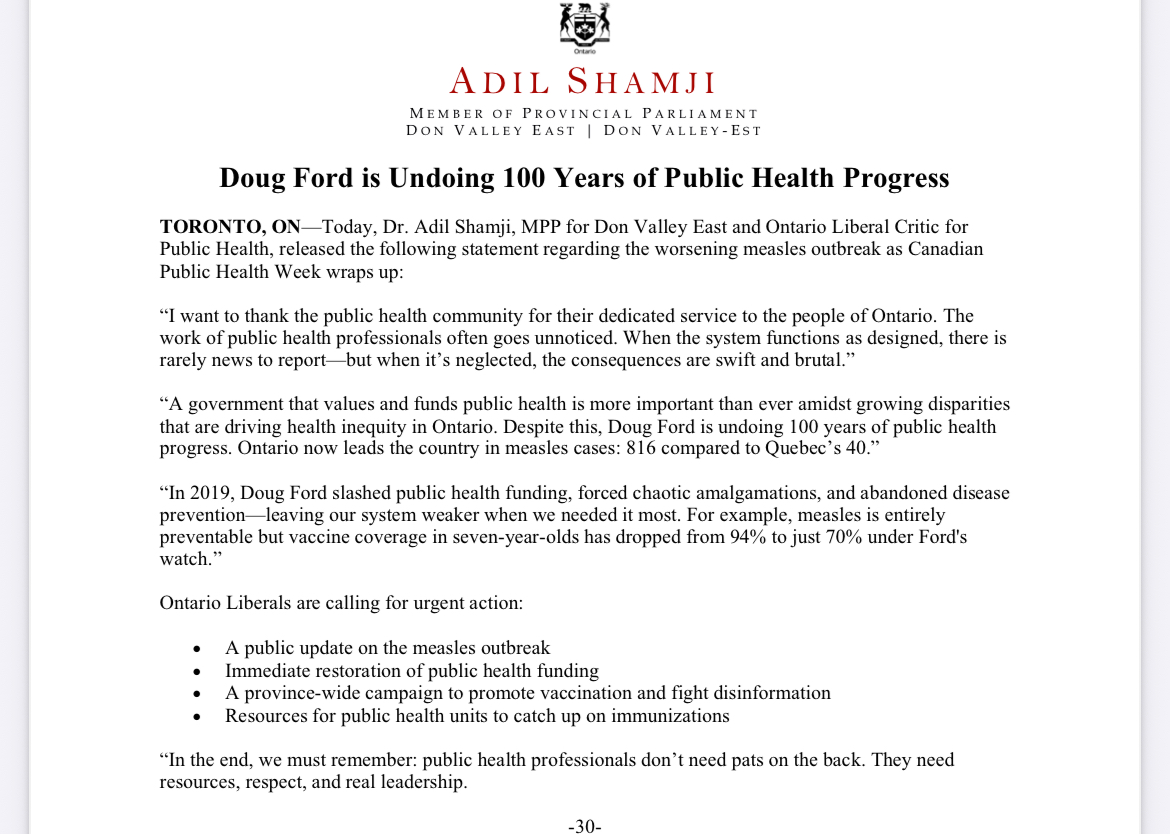 ShamjiAdil's tweet photo. Ontario is now reporting more cases of measles than the entire United States.

As Canadian Public Health Week ends, this couldn't be a stronger argument for the existence of a well-supported, adequately funded public health system. 

Anytime now, @fordnation.

#onpoli #onhealth https://t.co/2BcUDonVZZ