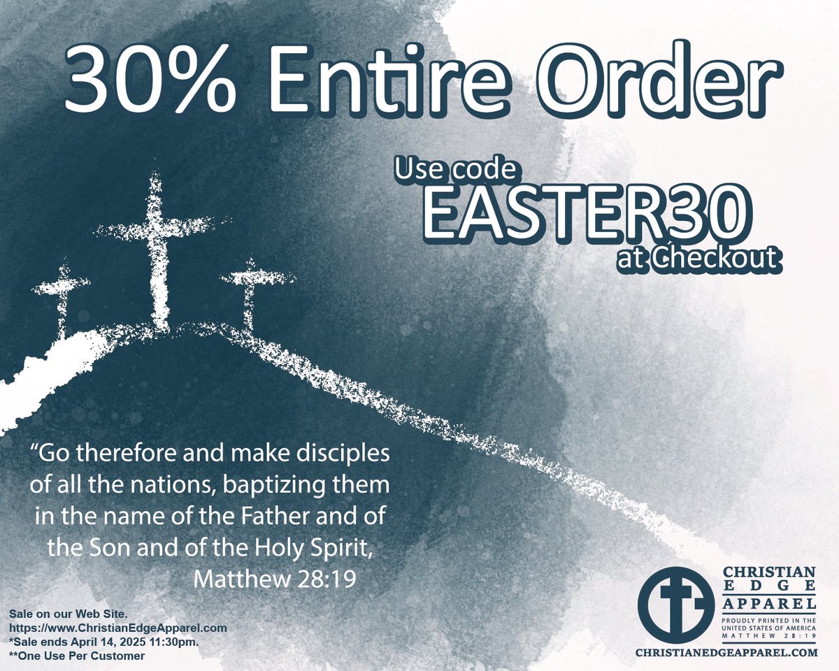 ChristianEdge's tweet photo. Easter is right around the corner, this weekend use code EASTER30 for 30% off your entire order!
T-shirts, hats, Tee-Towels and stickers make wonderful gifts.
Sale Ends Monday Night.
Have a blessed weekend,
Christian Edge Apparel

https://t.co/s9neci7Akx https://t.co/ljqHbcWs5U