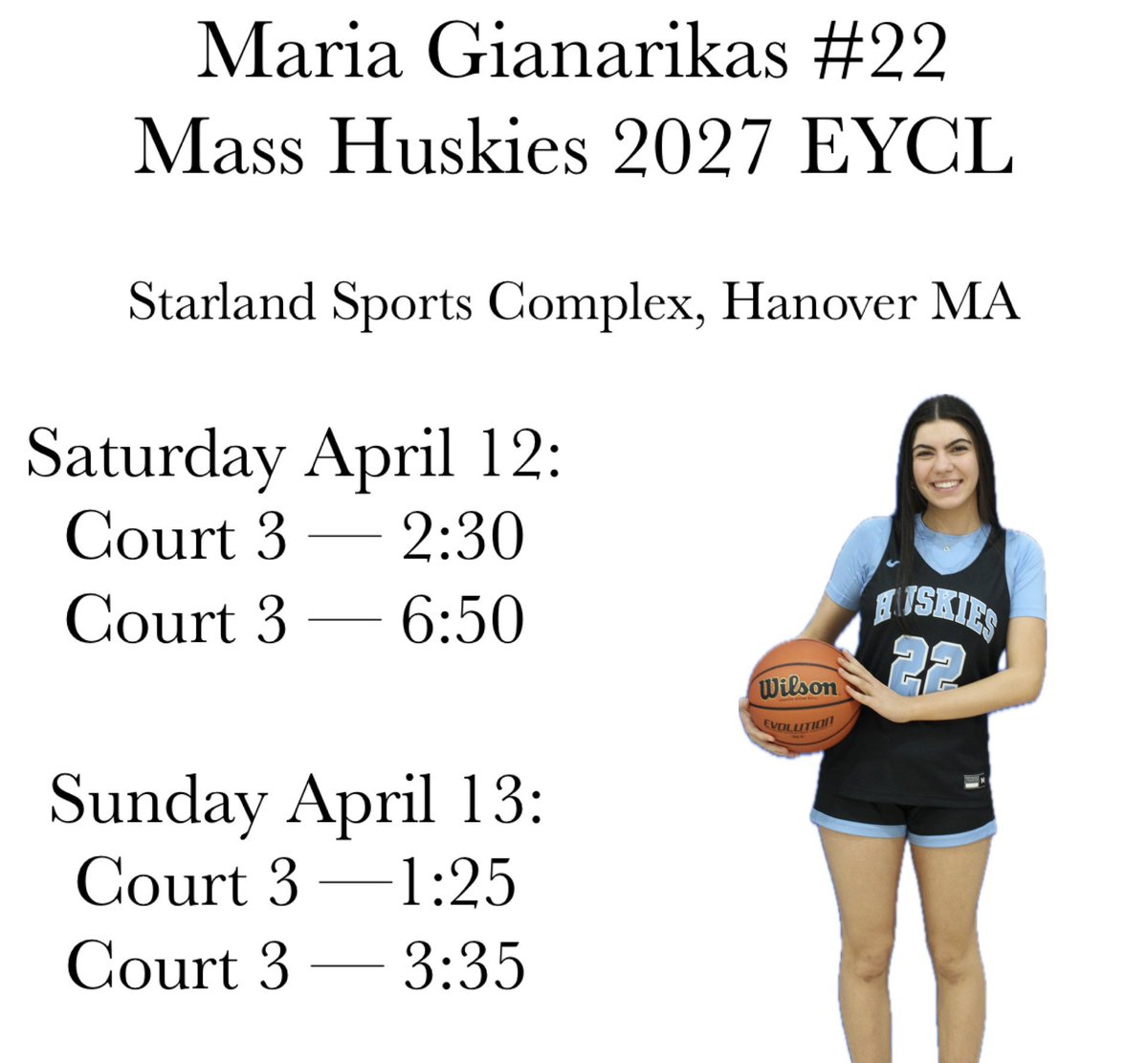 Maria (@mariaog05) on Twitter photo Here’s my game times this weekend for my first AAU tournament this spring! Can’t wait to get started! <a href="/MAHuskies_eycl/">Mass Huskies EYCL</a> <a href="/MAHuskies/">MA_Huskies</a> Here’s my game times this weekend for my first AAU tournament this spring! Can’t wait to get started! <a href="/MAHuskies_eycl/">Mass Huskies EYCL</a> <a href="/MAHuskies/">MA_Huskies</a>