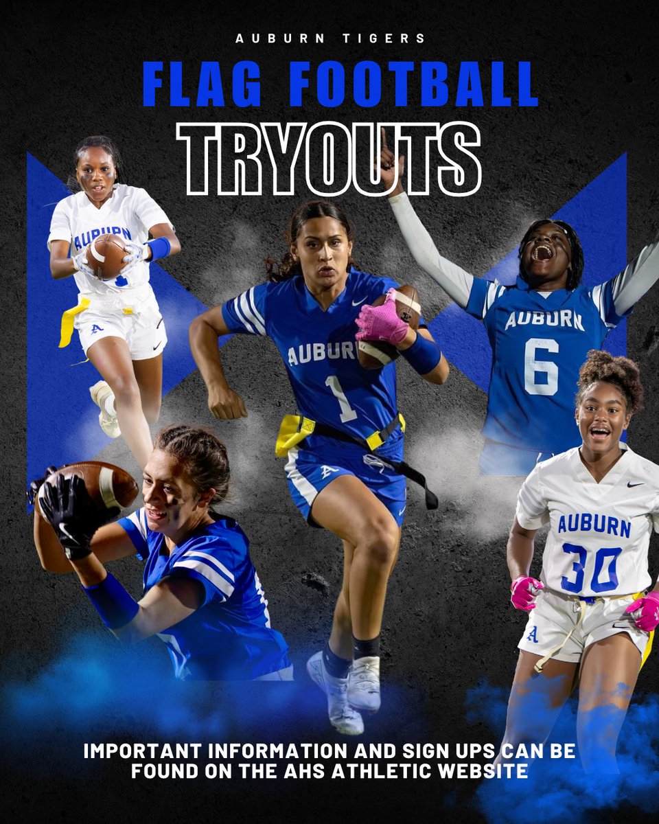 🚨AHS Flag Football Tryouts!🚨

Important information and sign ups can be found on the AHS athletic website auburnhightigers.org

Current 7th-8th graders: 
- Tryouts April 28-30
- Sign up deadline April 25

Current 9th-11th graders:
- Tryouts May 12-14
- Sign up deadline May 9