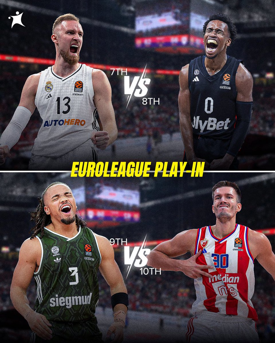 The EuroLeague Play-In matchups are LOCKED IN! 👀

🇪🇸 Real Madrid vs Paris 🇫🇷
🇩🇪 Bayern vs Crvena Zvezda 🇷🇸