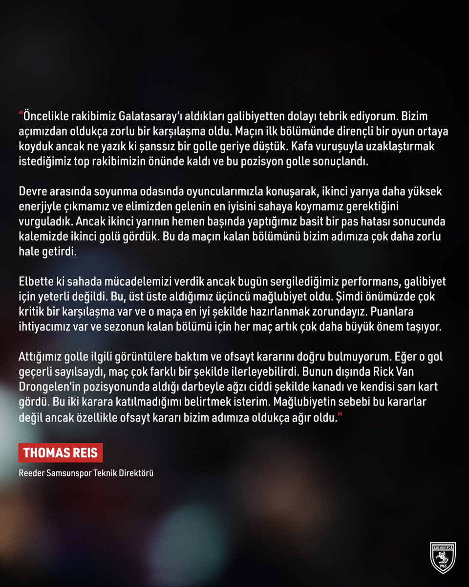 Teknik Direktörümüz Thomas Reis, Galatasaray A.Ş. maçı sonrası açıklamalarda bulundu.
 
🔗 Detaylar Web Sitemizde
👉 bit.ly/3RfmwVJ

#SAMvGS #Samsunspor #ThomasReis
