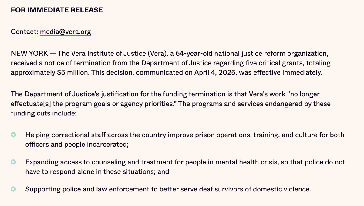 Maurice Chammah🍹🎻 (@mauricechammah) on Twitter photo Last year, I wrote about efforts to make prisons less hellacious — not just for prisoners but for the people working there too.
The DOJ just told <a href="/verainstitute/">Vera Institute of Justice</a> it won't fund this work anymore.
You could argue that makes law enforcement less safe.
themarshallproject.org/2024/09/26/sou… Last year, I wrote about efforts to make prisons less hellacious — not just for prisoners but for the people working there too.
The DOJ just told <a href="/verainstitute/">Vera Institute of Justice</a> it won't fund this work anymore.
You could argue that makes law enforcement less safe.
themarshallproject.org/2024/09/26/sou…