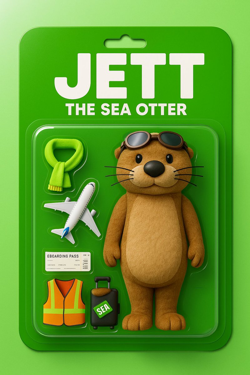 flySEA's tweet photo. Now boarding: your travel buddy in action figure form! 🦦 Meet Jett the SEA Otter—fully equipped with a boarding pass, carry-on, scarf, and that signature travel-day energy. Whether you’re Team TSA PreCheck or just here for the snacks, he’s ready to roll. 🧳 https://t.co/gDZxVsMHCz