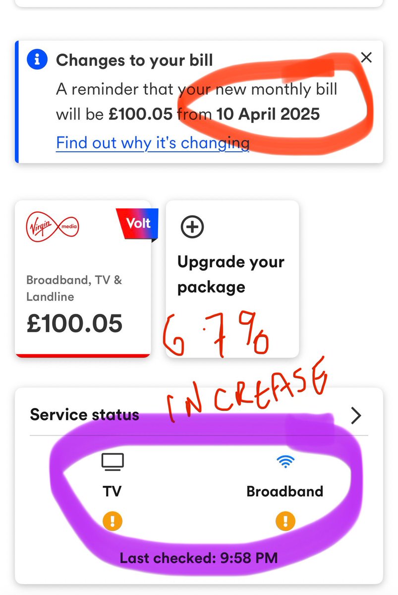cookson_m's tweet photo. @virginmedia what is happening with your broadband i have been without it for 27 hours now. You put my bill up by 6.7% yesterday and fail to give me a service,  that allows me to work to pay your bill. This is not good enough! And a fix by the 14th is taking the p$$s https://t.co/vI29HxK5BH