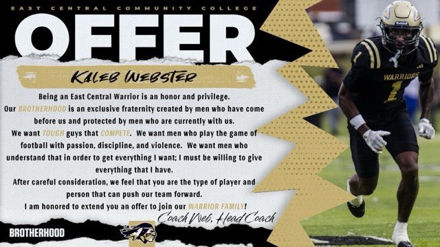 kaleb J. webster (@kalebwebster13) on Twitter photo After a great conversation with <a href="/Coach_Webster2/">Jonathan J. Webster</a> I am blessed to have EARNED an offer from ECCC. Excited for this new chapter and the opportunities ahead. After a great conversation with <a href="/Coach_Webster2/">Jonathan J. Webster</a> I am blessed to have EARNED an offer from ECCC. Excited for this new chapter and the opportunities ahead.