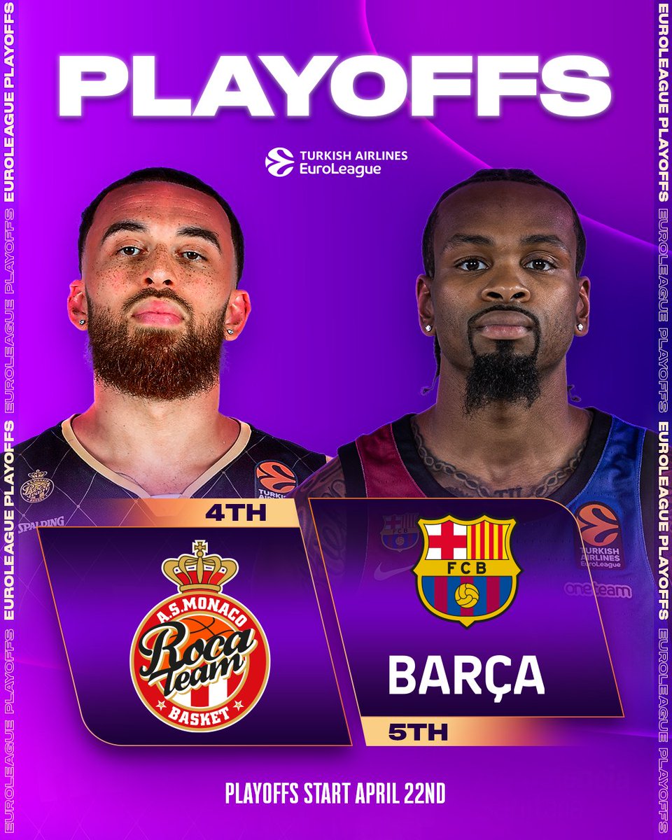 EuroLeague's tweet photo. 𝐄𝐔𝐑𝐎𝐋𝐄𝐀𝐆𝐔𝐄 𝐏𝐋𝐀𝐘𝐎𝐅𝐅𝐒 🍿
@ASMonaco_Basket🆚@FCBbasket https://t.co/pfYPLDZt0O