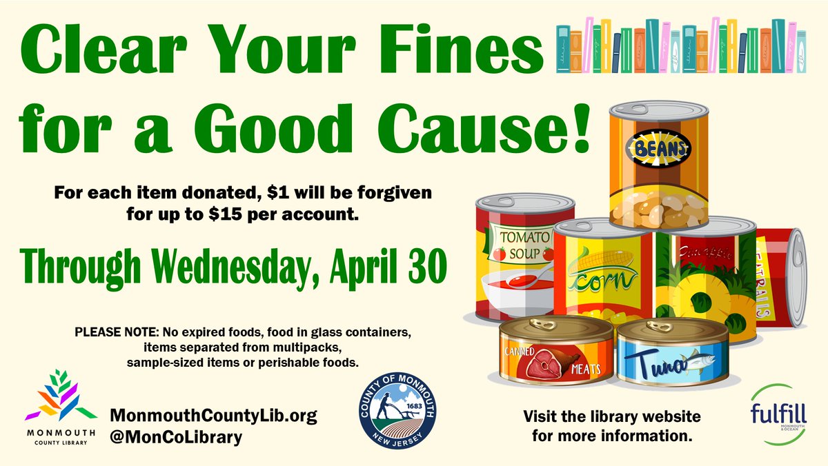 MonCoLibrary's tweet image. Great news! Food for Fines has been extended through Wednesday, April 30!

#monmouthcountylibrary #moncolibrary #libraryfines #fulfill #foodforfines #GiveBackAndClearFines #GoodCauseGoodReads