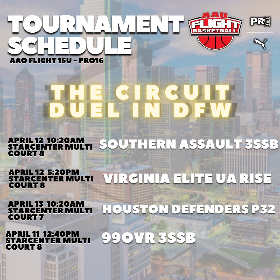 AAO Flight - PRO16 (@flightaao) on Twitter photo Our 16U & 15U PRO16 teams take the court in Dallas this weekend for <a href="/TheCircuit/">The Circuit</a> Duel in DFW! Both teams with a highly competitive schedule.
#FlyWithUs✈️ Our 16U & 15U PRO16 teams take the court in Dallas this weekend for <a href="/TheCircuit/">The Circuit</a> Duel in DFW! Both teams with a highly competitive schedule.
#FlyWithUs✈️