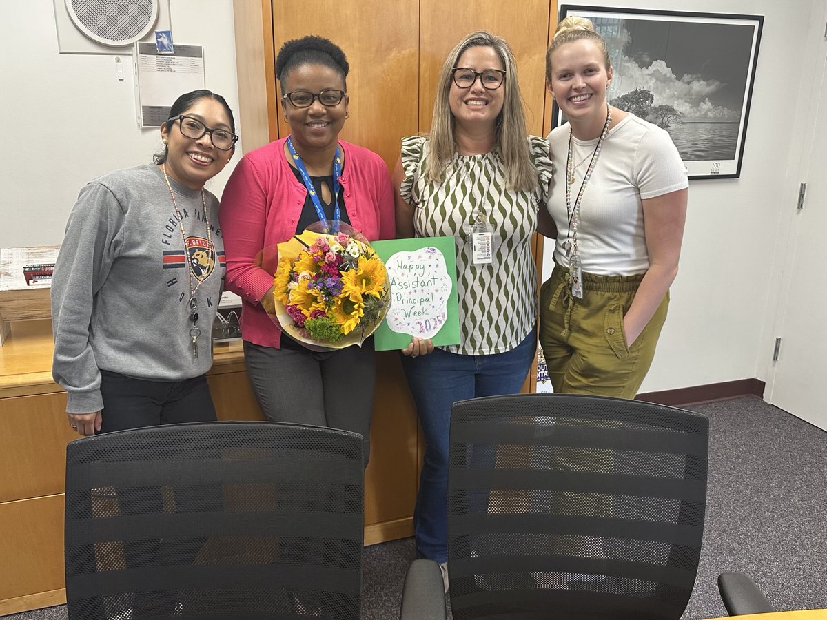 All smiles as Grade 3 Teachers Mrs. Perez, Bowen &amp; Carmona celebrate #AssistantPrincipalWeek w/ our superstar #MeadowbrookElementary AP Armelle Johnson. 🌺