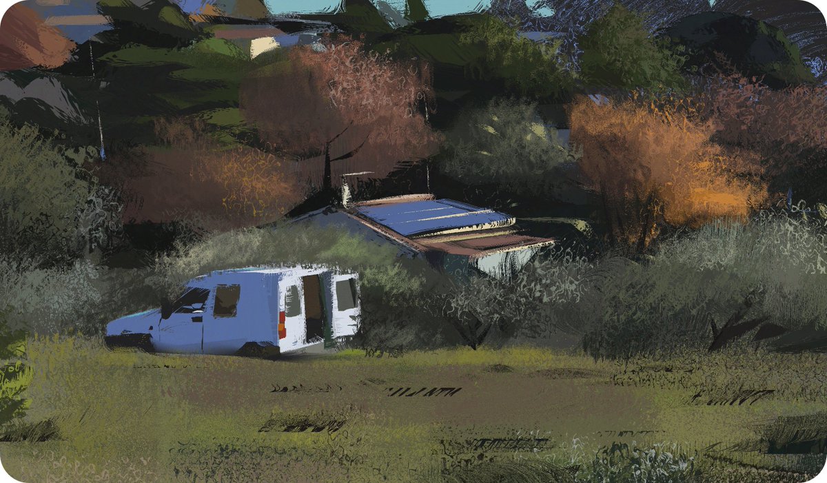 11/30 <a href="/warriorpainters/">Warrior Painters 💚</a> #pleinairpril #PleinAirpril2025 #heavypaint #painting #vouivre #dragon #krog #campagne #lordover #countryside #olive #trees #arbre #camionette