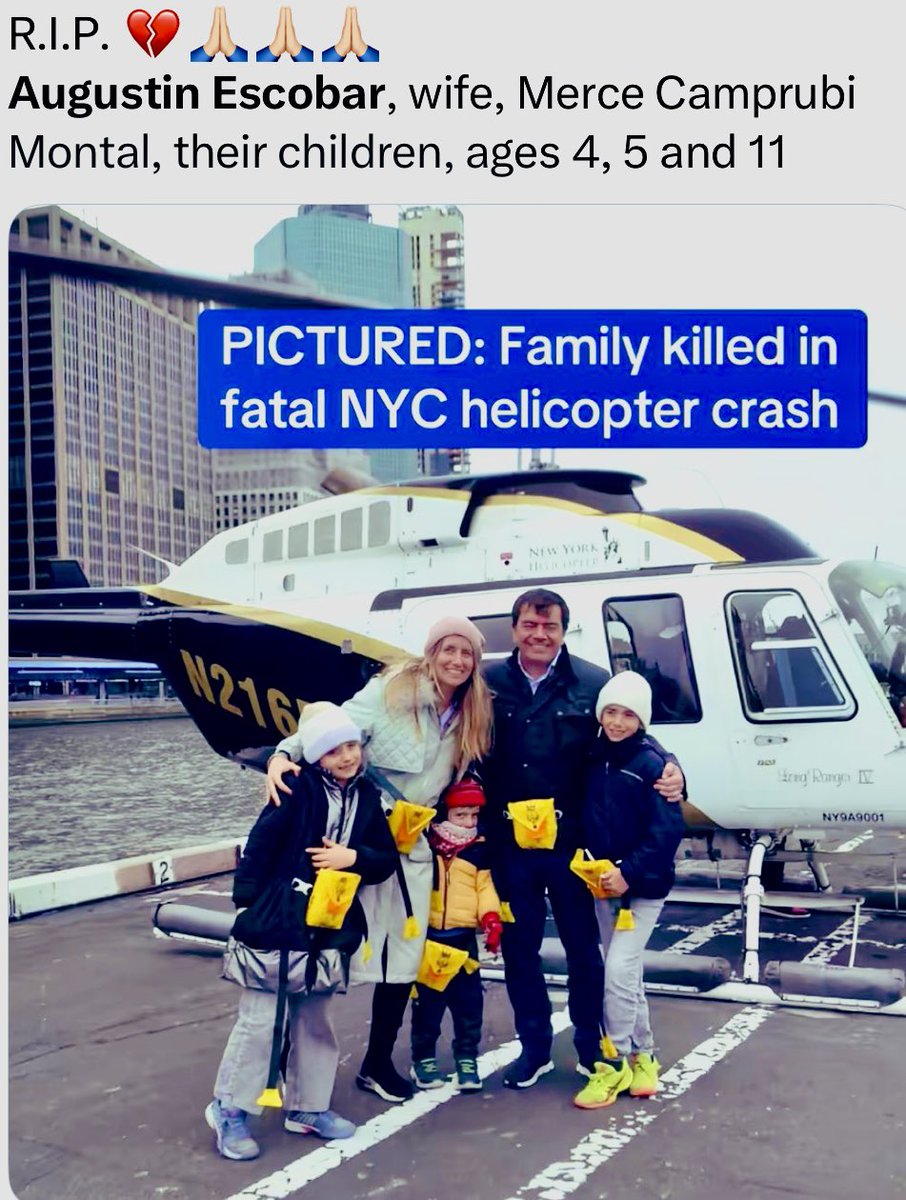 AngelTGSBr's tweet photo. RIP Descansem em paz, as 6 vítimas fatais da queda do helicóptero 🚁 ontem no Rio Hudson em NYC 🇺🇸 durante um vôo turístico panorâmico! 
🙏🏻🥹🥹🥹 https://t.co/YGlmiqoyo4