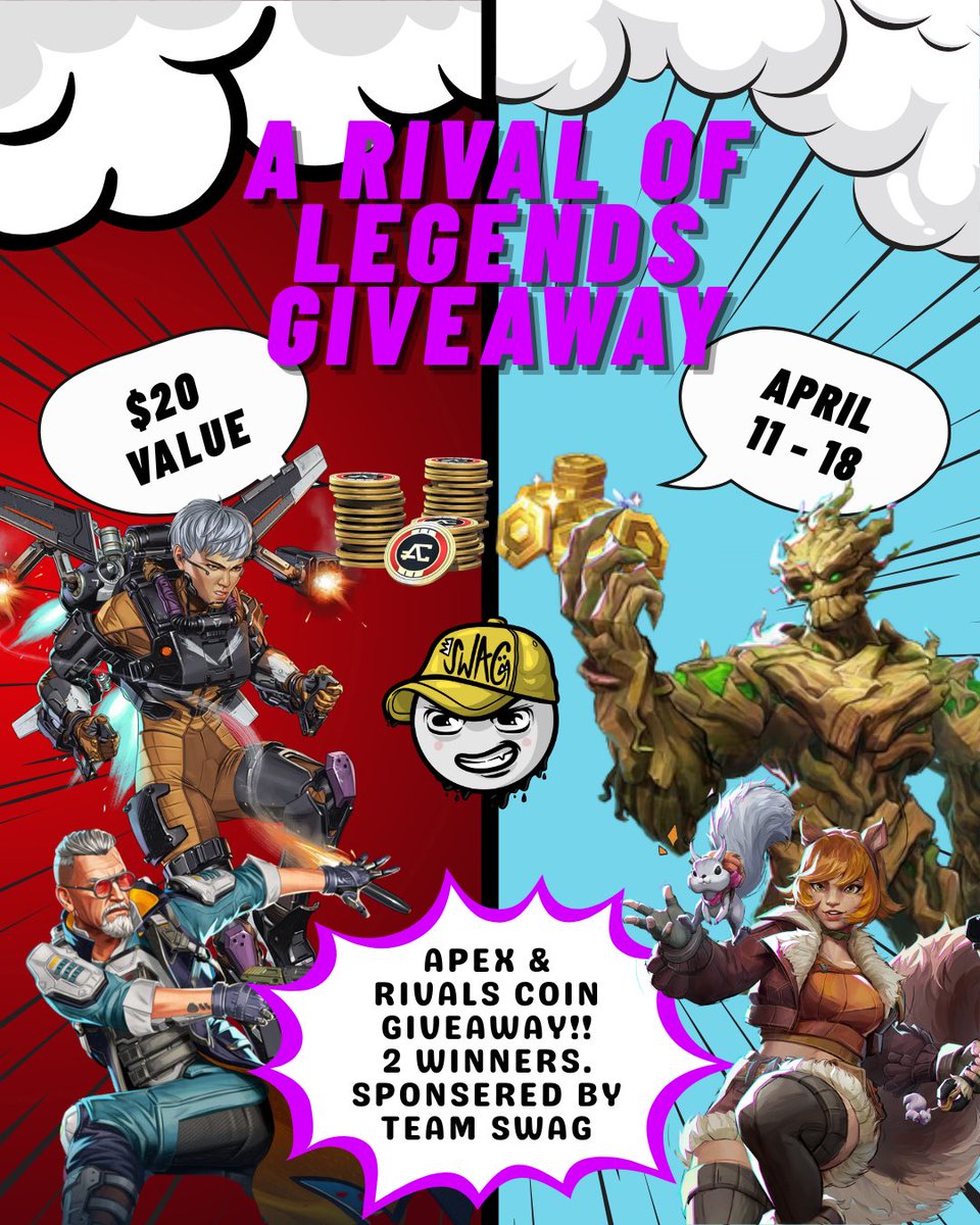 TeamSwagTSA's tweet photo. We’re hosting our first giveaway!! We’re choosing 2 winners to giveaway Apex or Marvel Rivals, your choice, coins at a $20 value!😎

To enter:
-👤Follow @TeamSwagTSA 
-♻️Repost 
- extra entry if u comment what you had for dinner last night https://t.co/HjeNMOwy0o