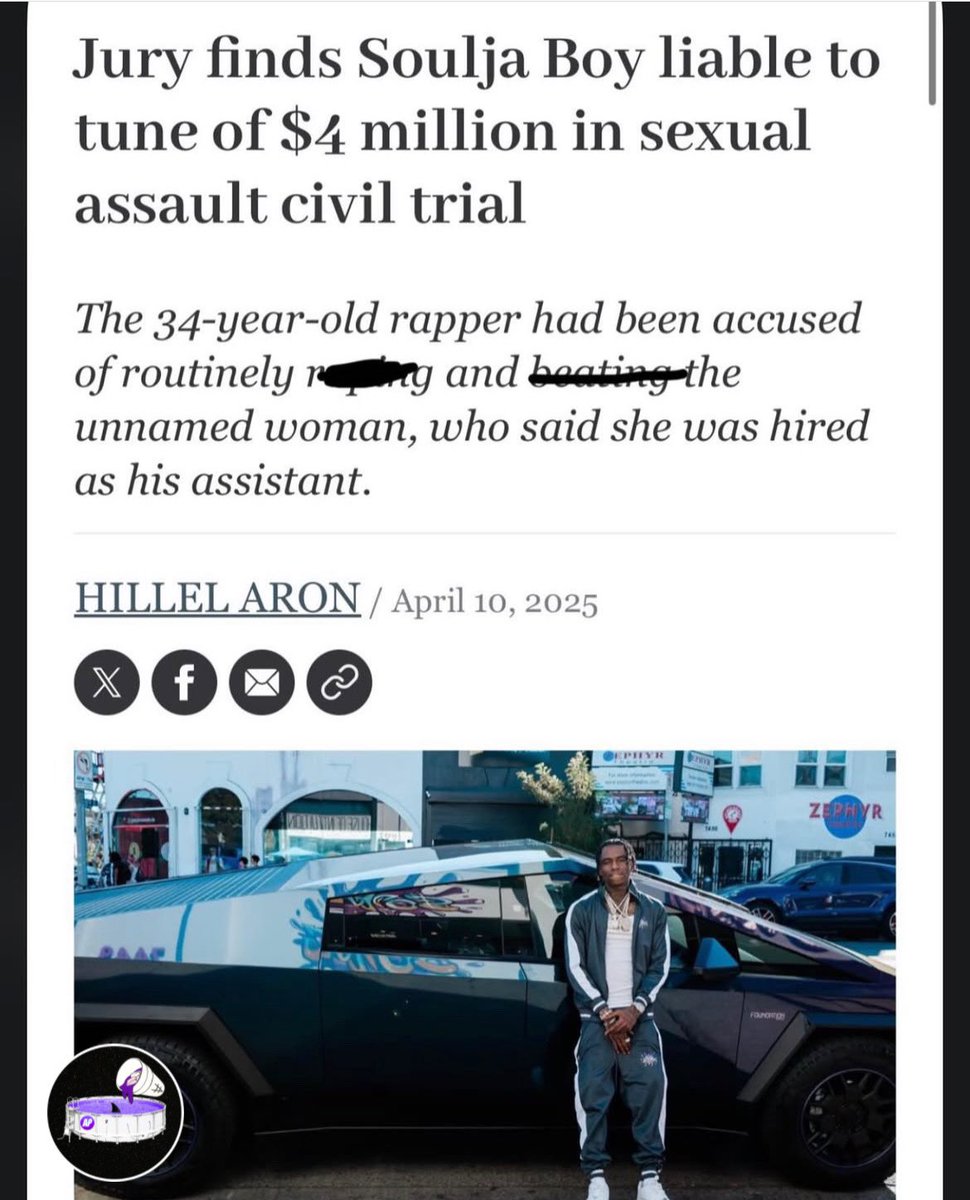 TheArtistPool's tweet photo. Soulja Boy was ordered to pay $4 million to his personal assistant who accused him of s*xual ab*se
After two days of deliberations, the jury announced Thursday that the “Crank That” rapper, born DeAndre Cortez Way, owes the woman more than $4 million in compensatory damages. https://t.co/M4XegO5iW4